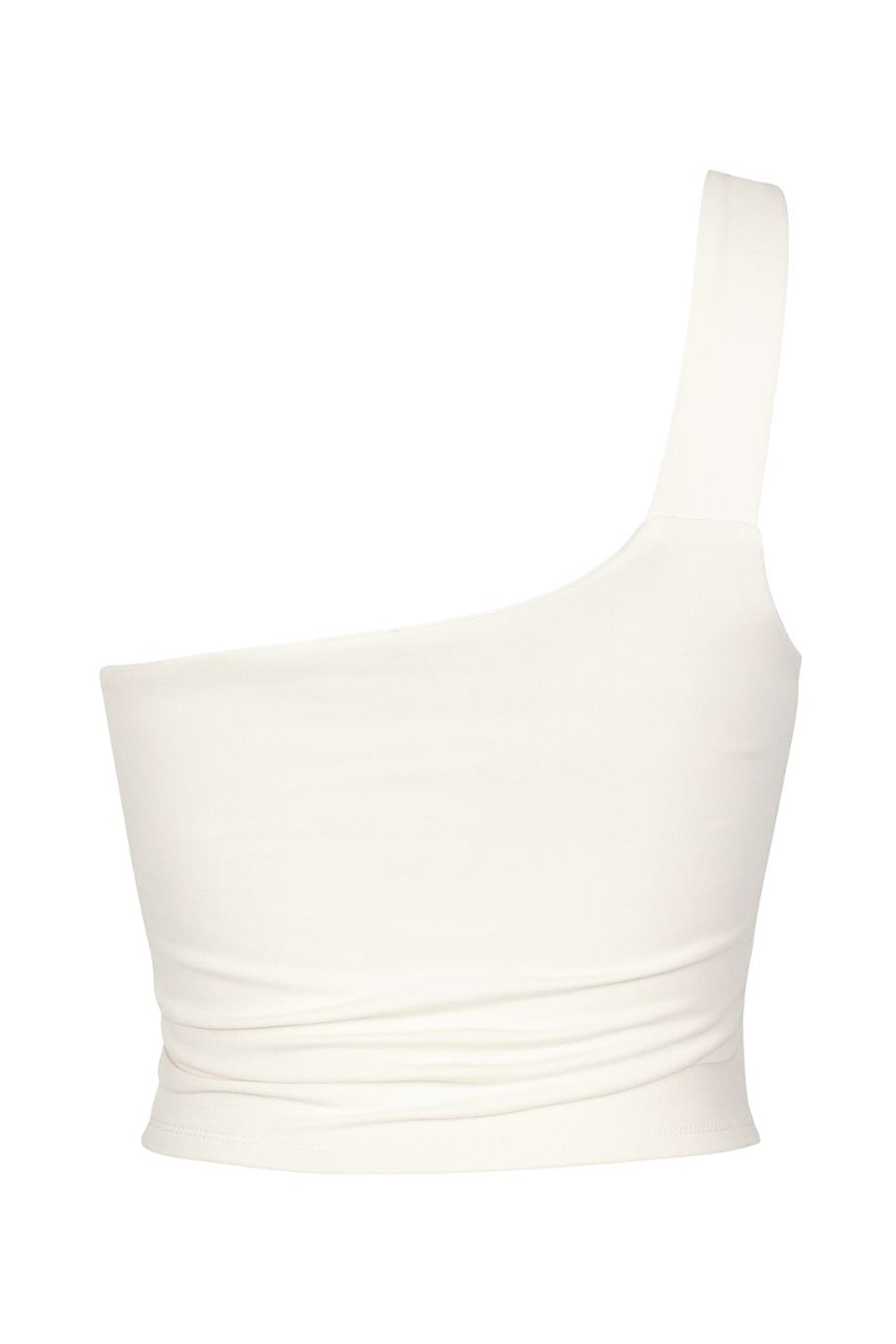 Top corto asimétrico de fit ajustado, un hombro, escote diagonal, tirante ajustable con hebilla en contraste, plisados en costado y bajo frontal asimétrico.