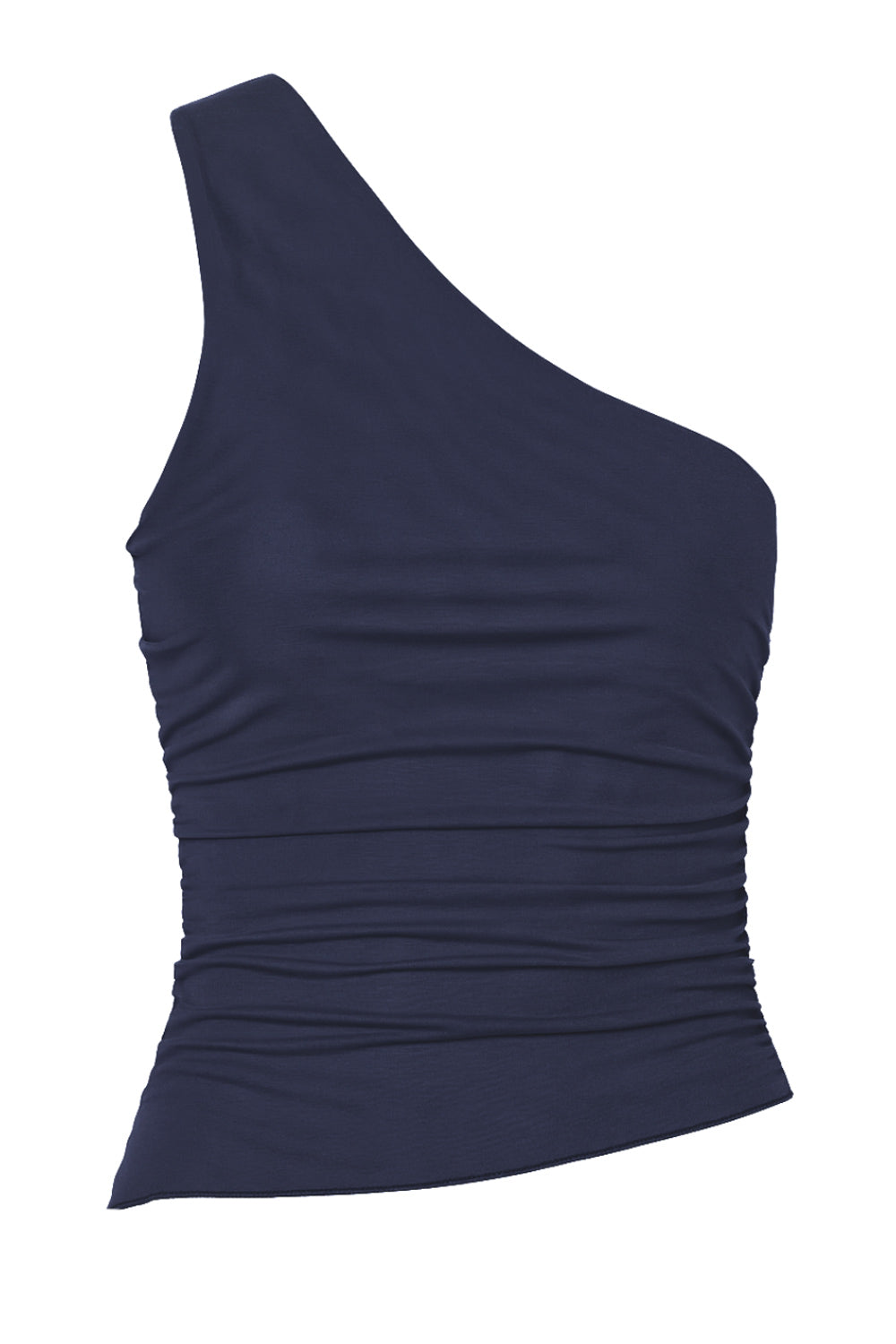 Top corto asimétrico de mesh, fit ajustado, un hombro, escote diagonal, sin mangas, detalles plisados en costado y bajo asimétrico con rib en borde.