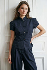 Short-sleeved mandarin collar top