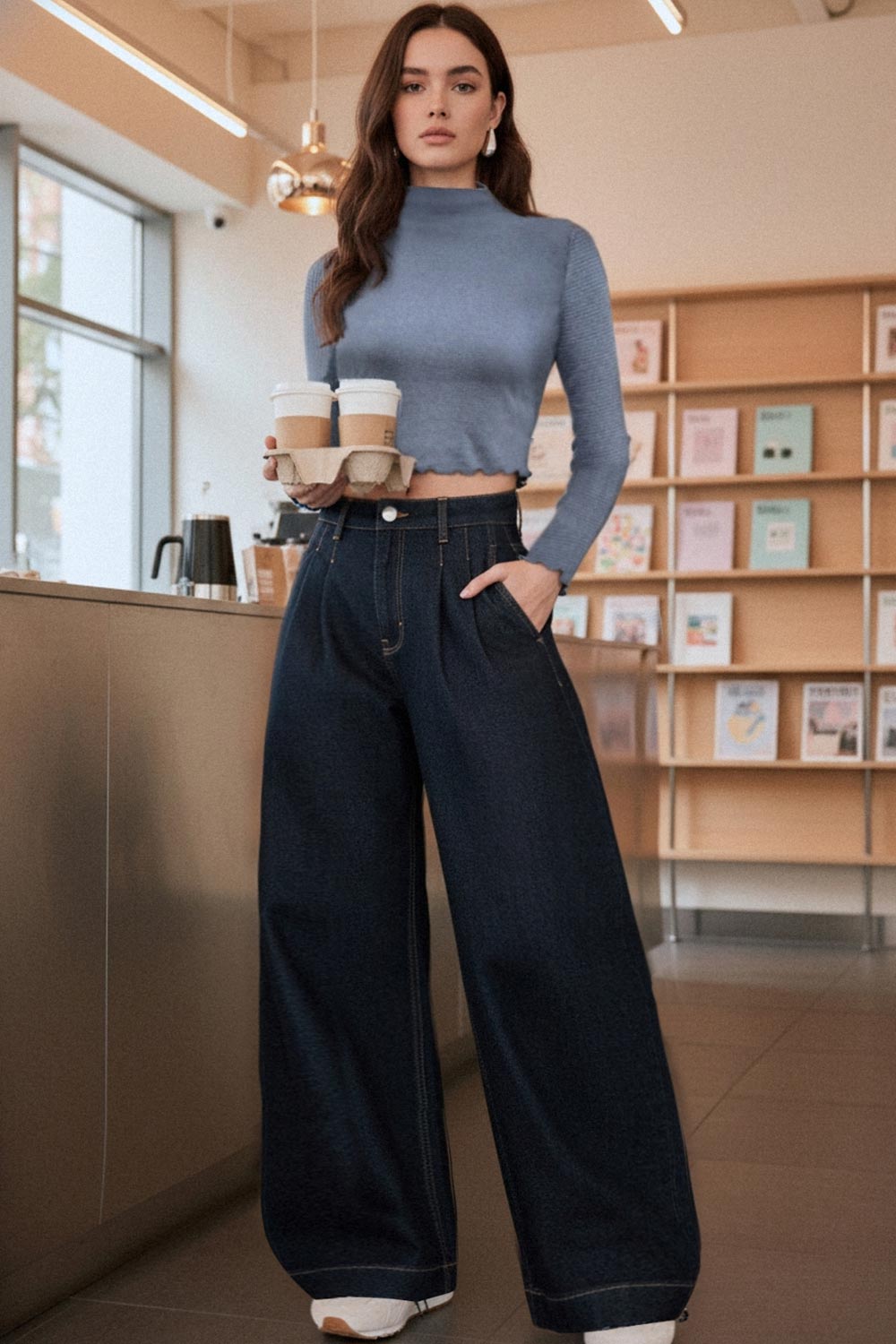 Top de manga larga con hombro caído, cuello mock seguido, fit recto, textura en tejido, detalle de rib en borde de bajo y puños.