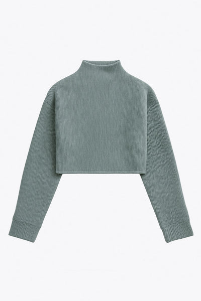 Top de manga larga con hombro caído, cuello mock seguido, fit recto y textura en tejido.