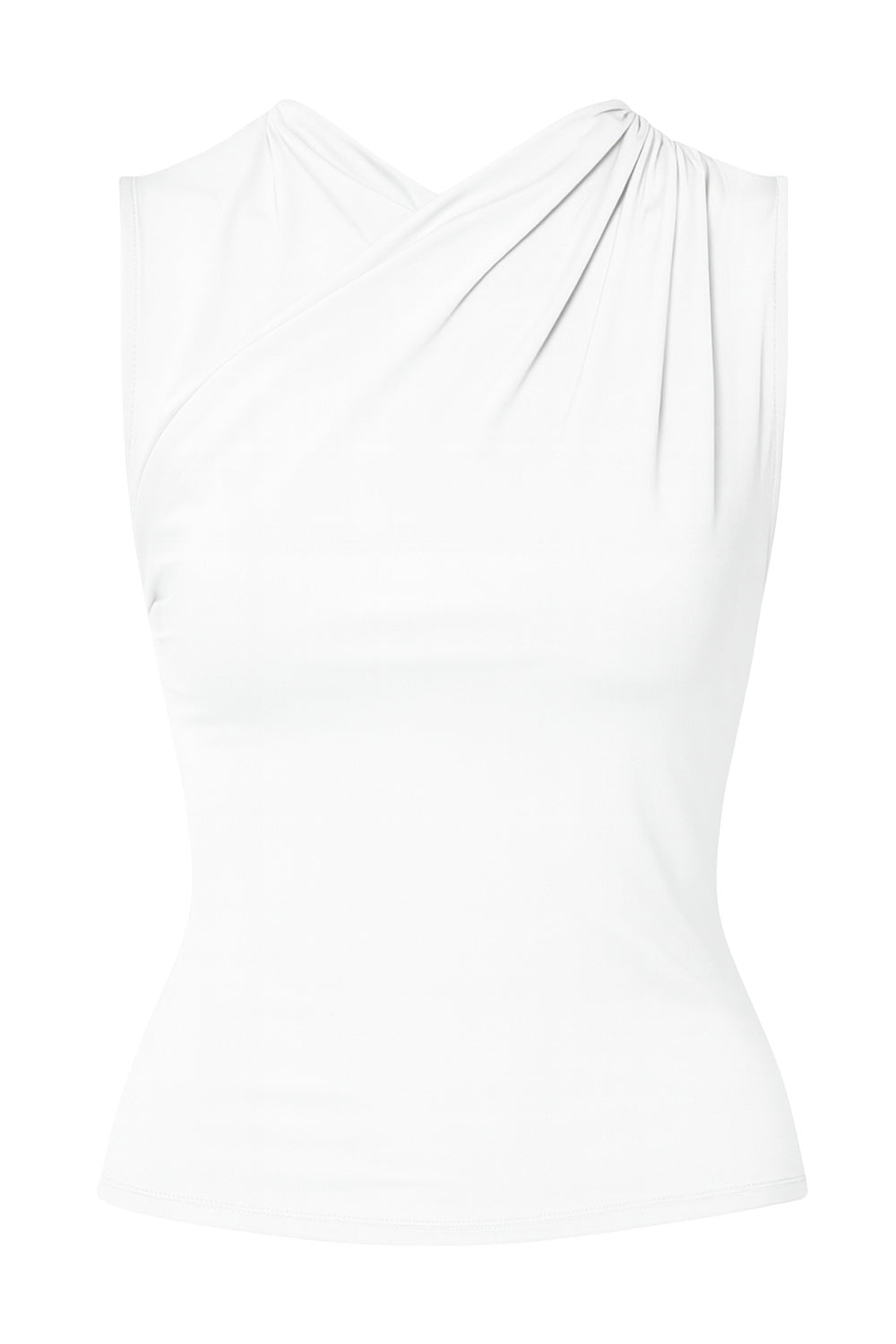 Top de fit ajustado, sin mangas, cuello fluido y plisados decorativos en hombros.