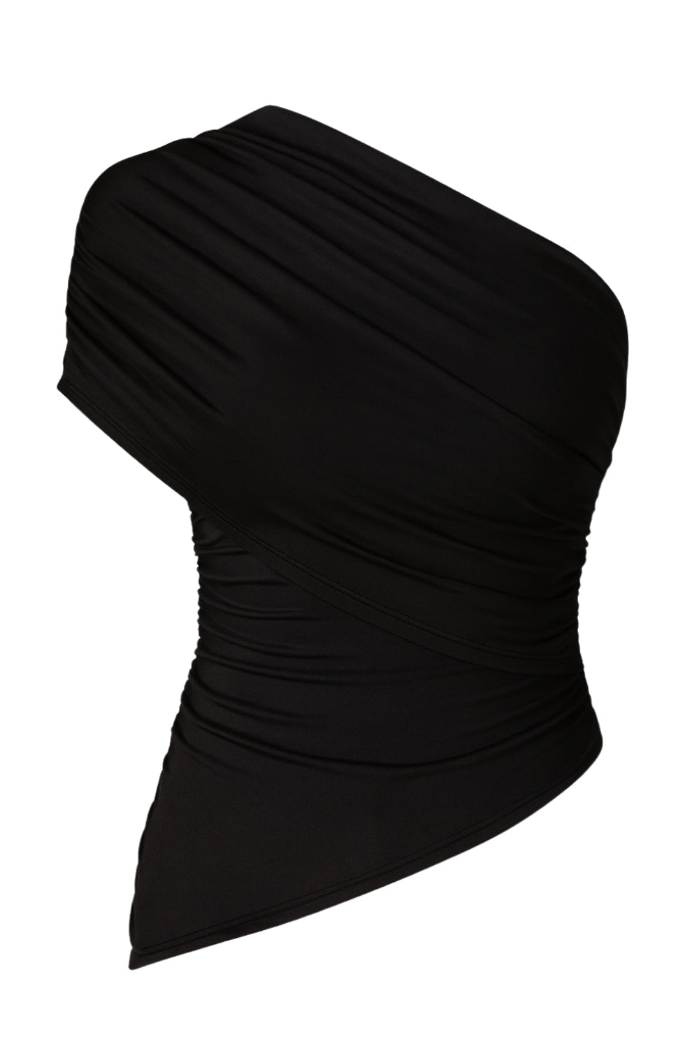 Top asimétrico de fit ajustado, escote diagonal con una manga corta seguida, hombro descubierto, plisados en hombro y costados.