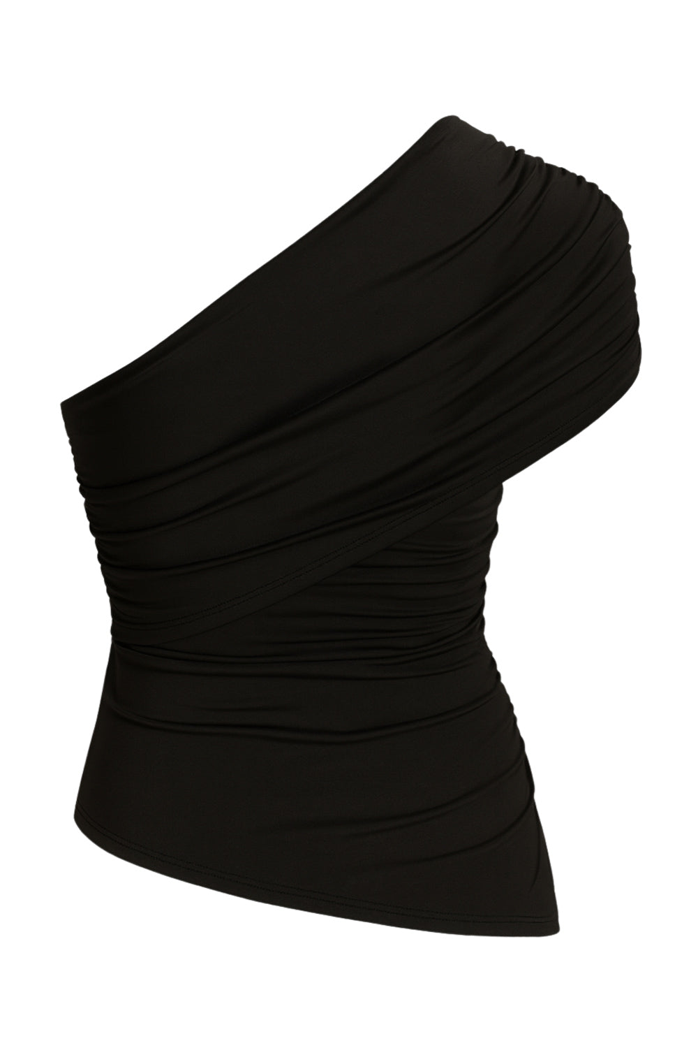 Top asimétrico de fit ajustado, escote diagonal con una manga corta seguida, hombro descubierto, plisados en hombro y costados.