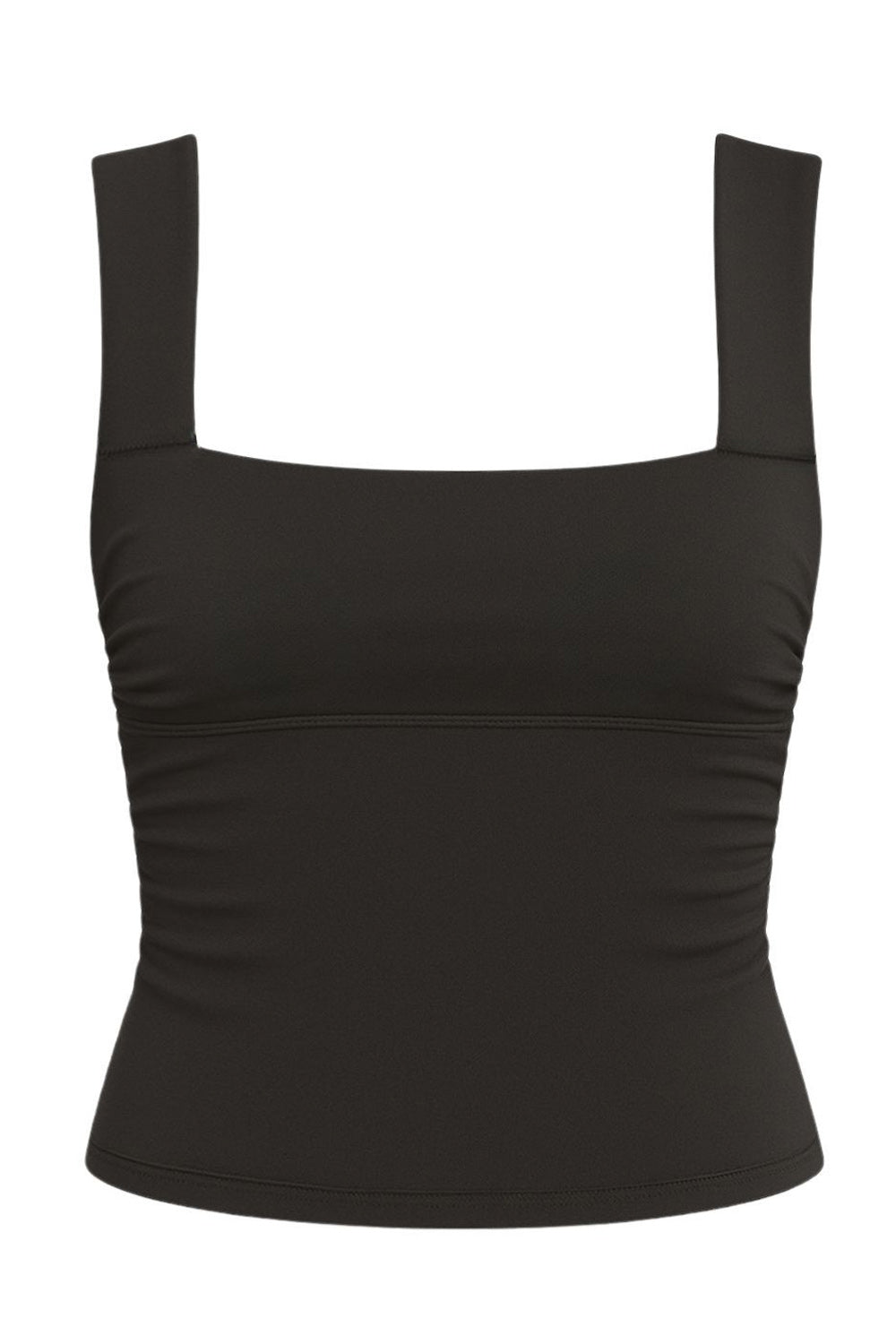 Top corto de fit ajustado, sin mangas, escote cuadrado, plisados en costados y detalle de lazo decorativo posterior.