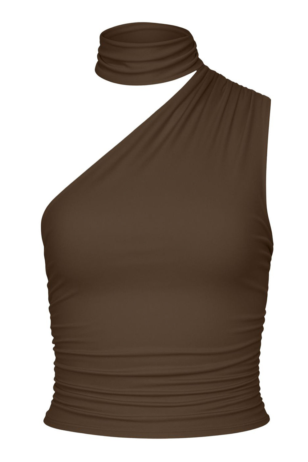 Top satinado asimétrico, de fit ajustado, detalles plisados laterales y en hombro, sin mangas, un hombro, escote diagonal y choker con plisados. Cierre posterior con botón y ojal.