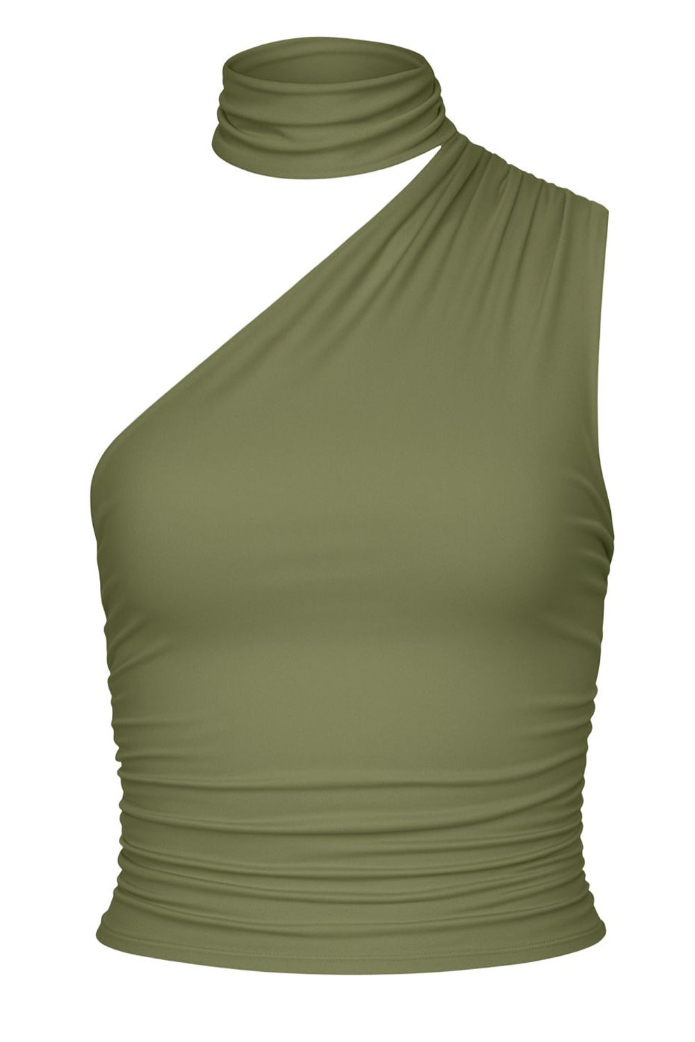 Top satinado asimétrico, de fit ajustado, detalles plisados laterales y en hombro, sin mangas, un hombro, escote diagonal y choker con plisados. Cierre posterior con botón y ojal.