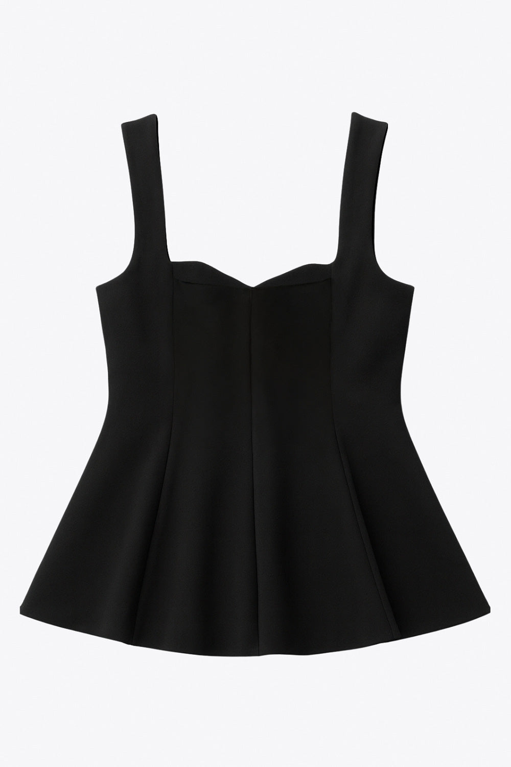 Top de tirantes, fit ajustado, escote corazón, costuras frontales y peplum con olanes en cintura.