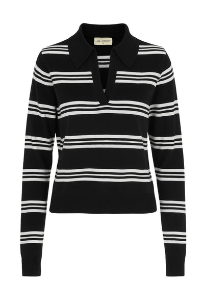 Top polo de punto, estampado rayas, fit recto, manga larga, escote v con cuello sport en contraste, rib en puños y bajo.