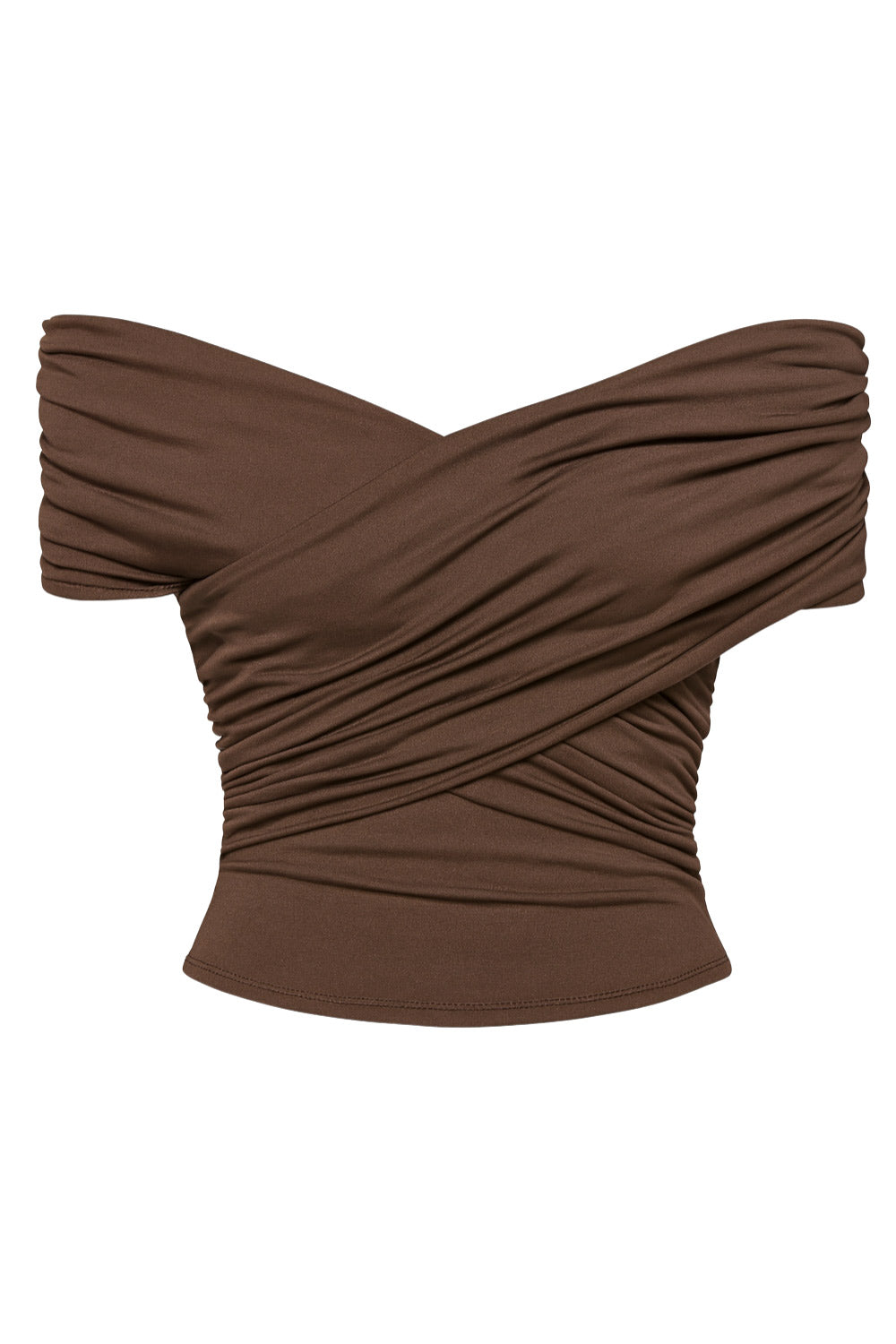 Top corto plisado de fit ajustado, escote v con cruce frontal, manga corta seguida, plisados en costados y hombros.