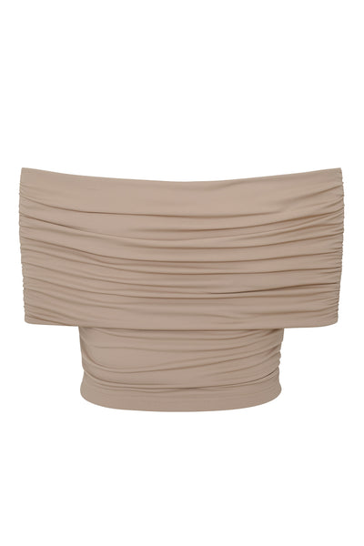 Top corto plisado de fit ajustado, escote v con cruce frontal, manga corta seguida, plisados en costados y hombros.