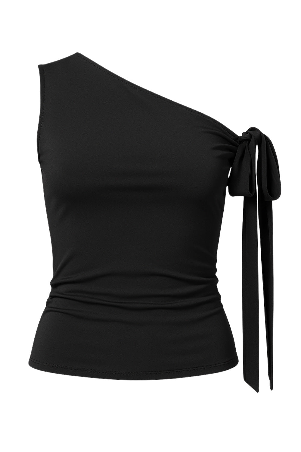 Top asimétrico de fit ajustado, sin mangas, escote diagonal, hombro descubierto y detalle decorativo de nudo amarrable.