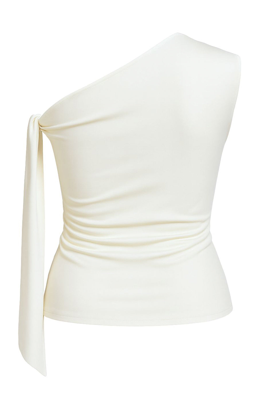 Top asimétrico de fit ajustado, sin mangas, escote diagonal, hombro descubierto y detalle decorativo de nudo amarrable.