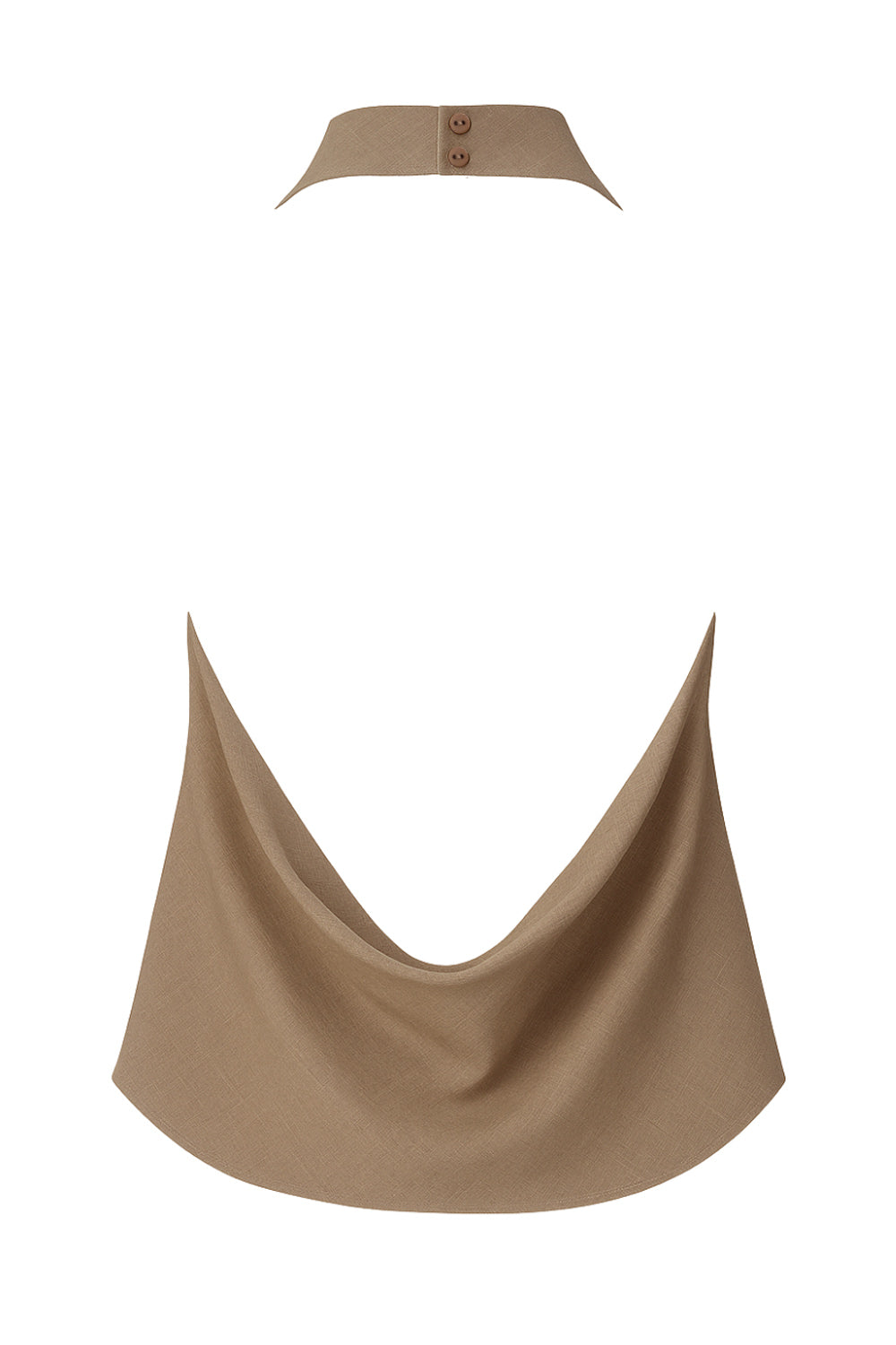 Top corto halter de cuello alto fluido, fit recto, escote en espalda, cierre posterior con botón y ojal.