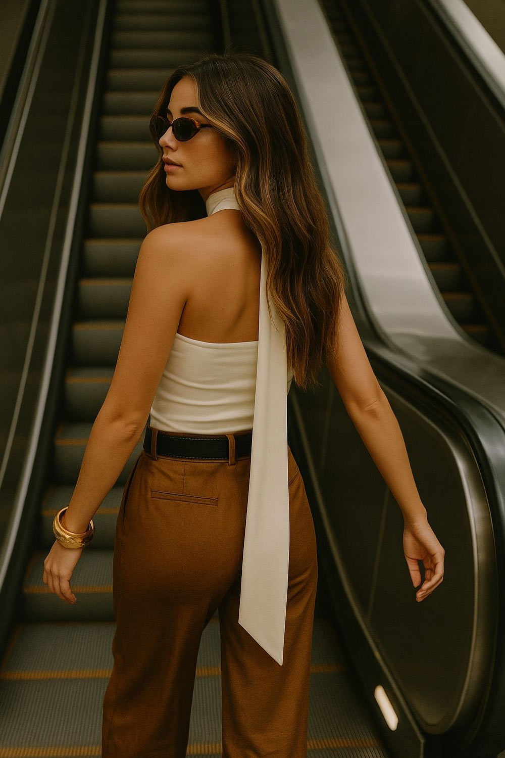 Top de fit ajustado, sin mangas, escote en espalda, cuello halter con plisados y nudo amarrable.