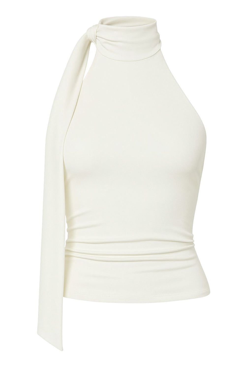 Top de fit ajustado, sin mangas, escote en espalda, cuello halter con plisados y nudo amarrable.