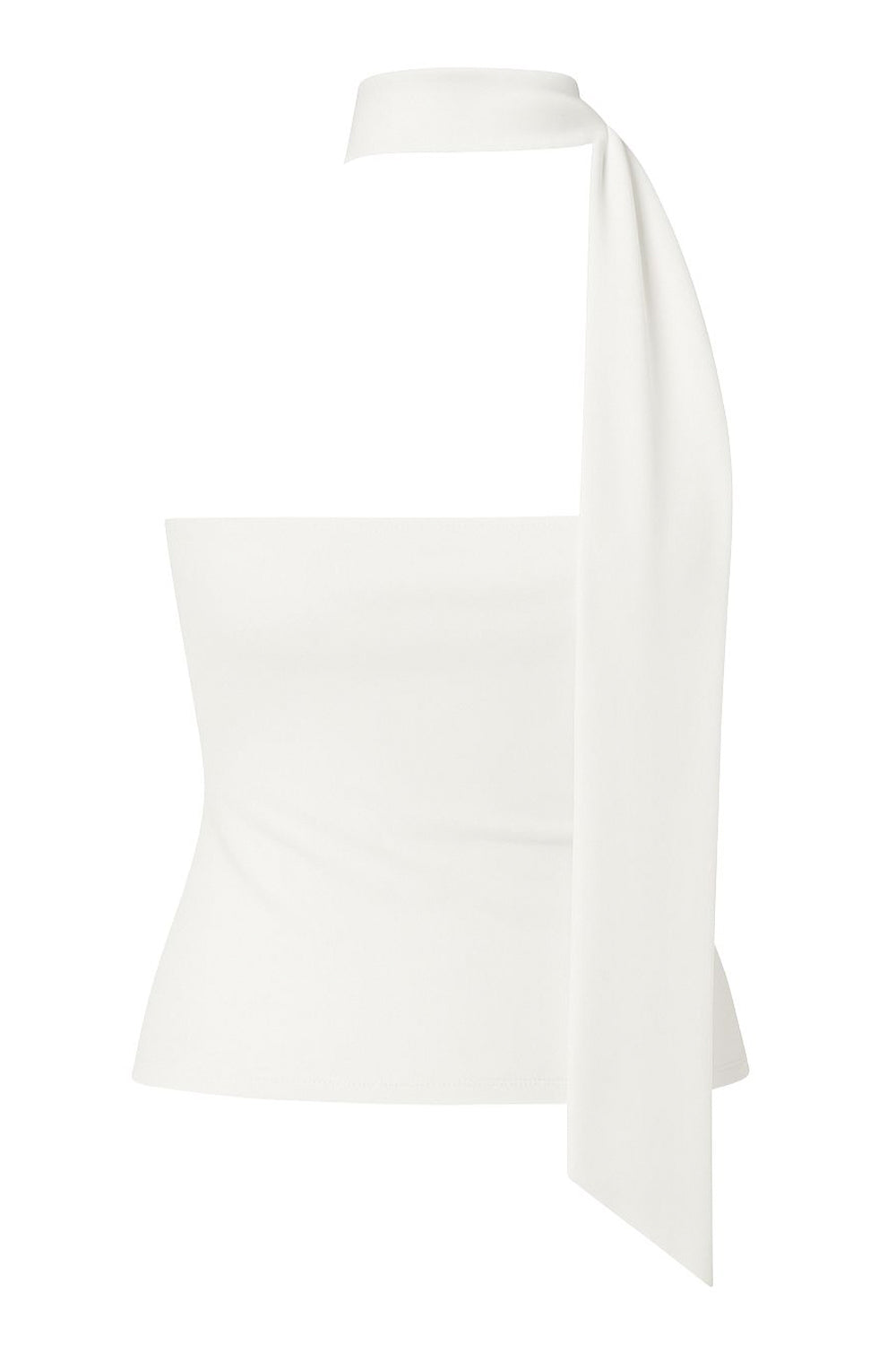 Top de fit ajustado, sin mangas, escote en espalda, cuello halter con plisados y nudo amarrable.