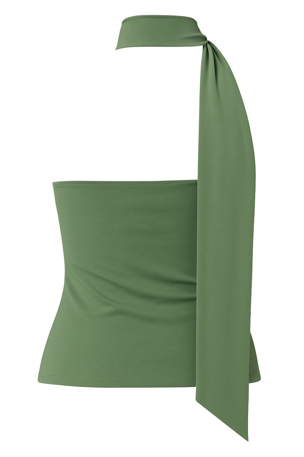 Top de fit ajustado, sin mangas, escote en espalda, cuello halter con plisados y nudo amarrable.