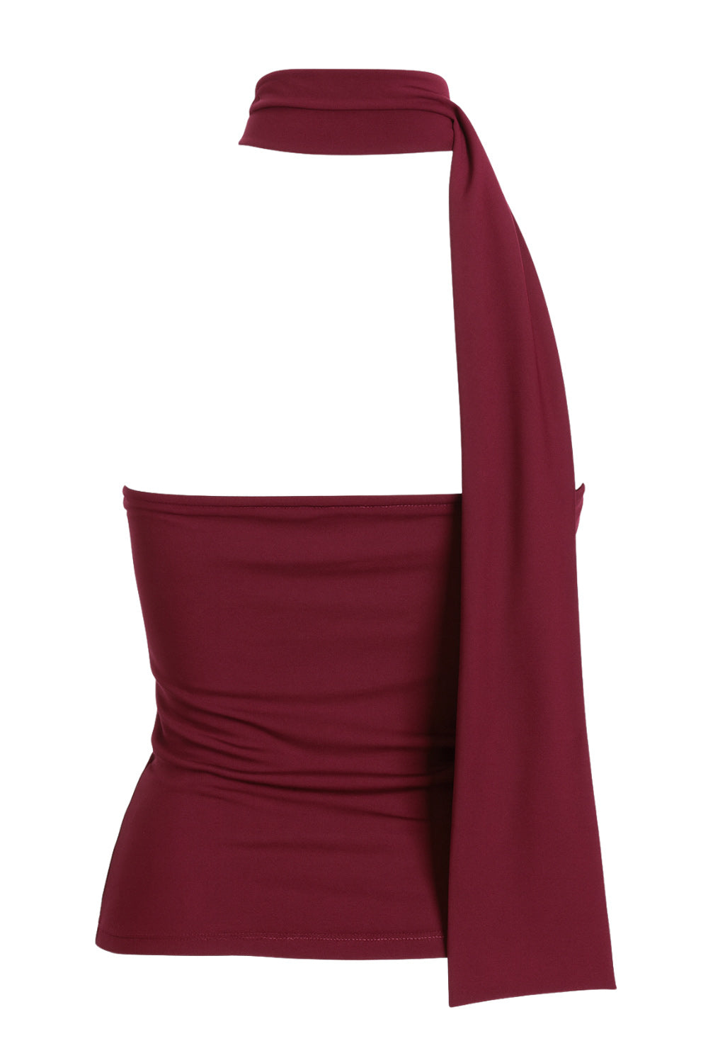 Top de fit ajustado, sin mangas, escote en espalda, cuello halter con plisados y nudo amarrable.