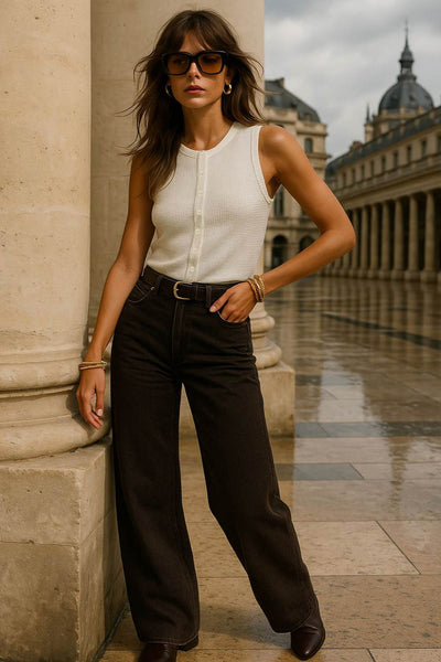 Top de punto, sin mangas, cuello redondo, bajo curveado frontal e hilera frontal de botones. Detalle de rib en bordes.