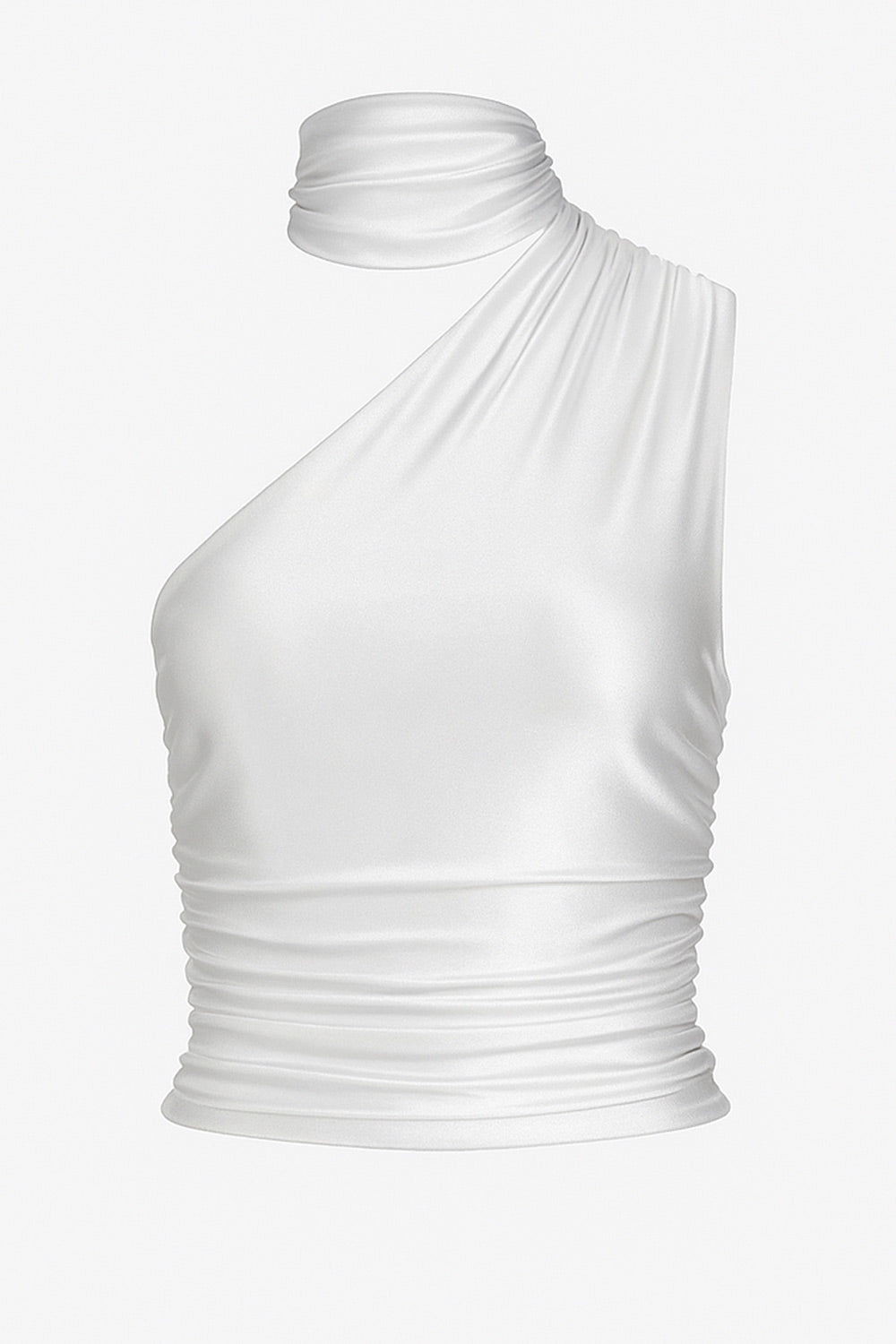 Top satinado asimétrico, de fit ajustado, detalles plisados laterales y en hombro, sin mangas, un hombro, escote diagonal y choker con plisados. Cierre posterior con botón y ojal.