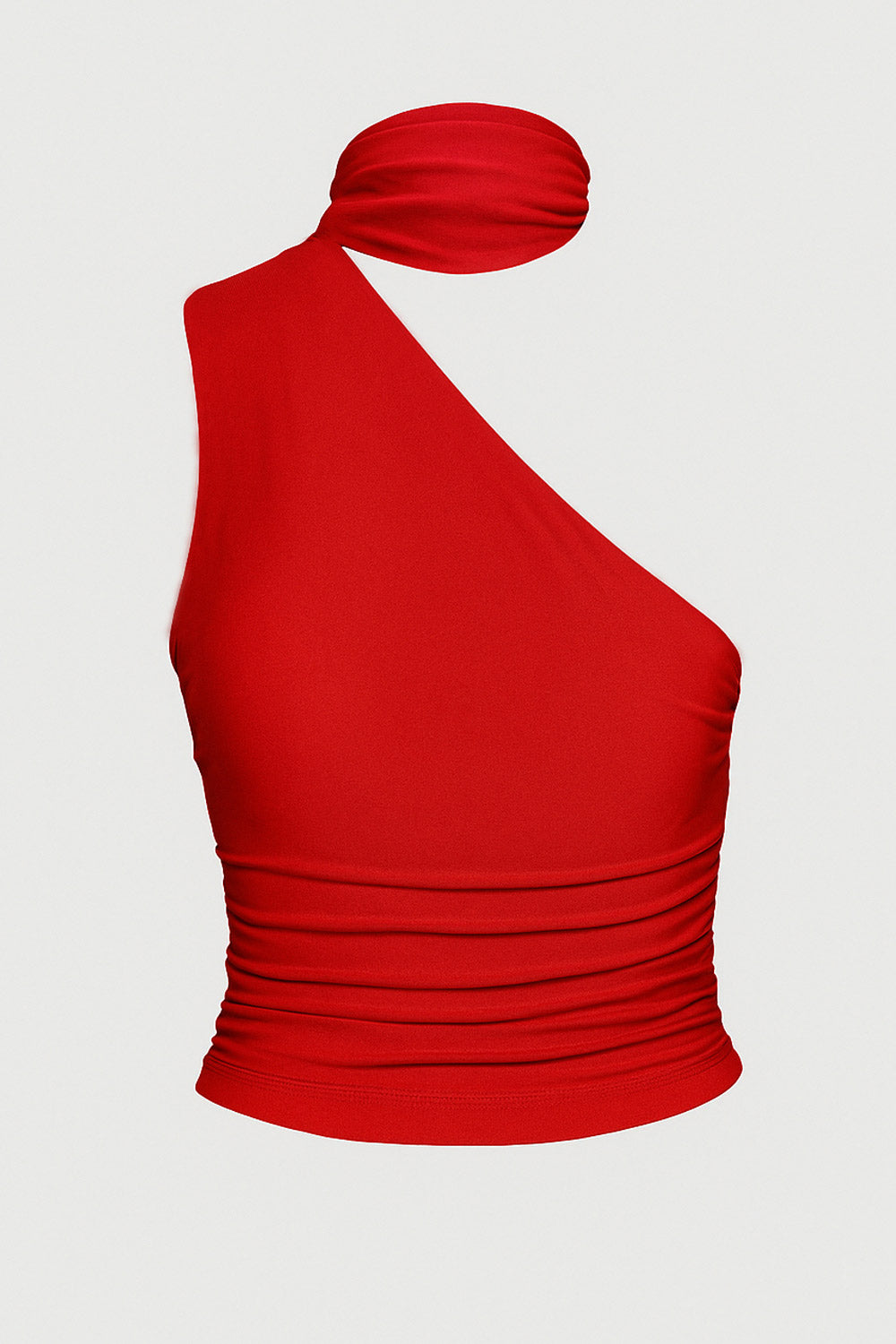 Top satinado asimétrico, de fit ajustado, detalles plisados laterales y en hombro, sin mangas, un hombro, escote diagonal y choker con plisados. Cierre posterior con botón y ojal.