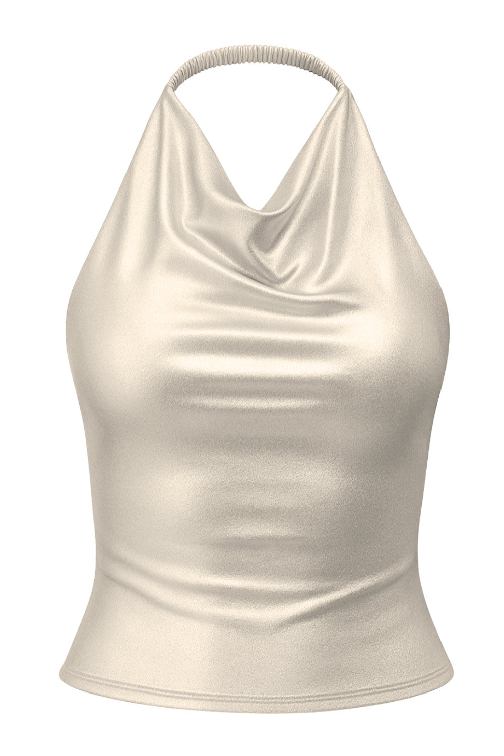 Top corto metálico de cuello halter fluido, sin mangas, fit ajustado y escote en espalda.