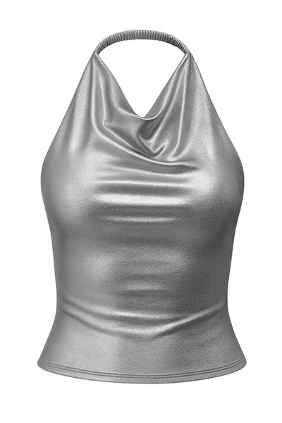 Top corto metálico de cuello halter fluido, sin mangas, fit ajustado y escote en espalda.