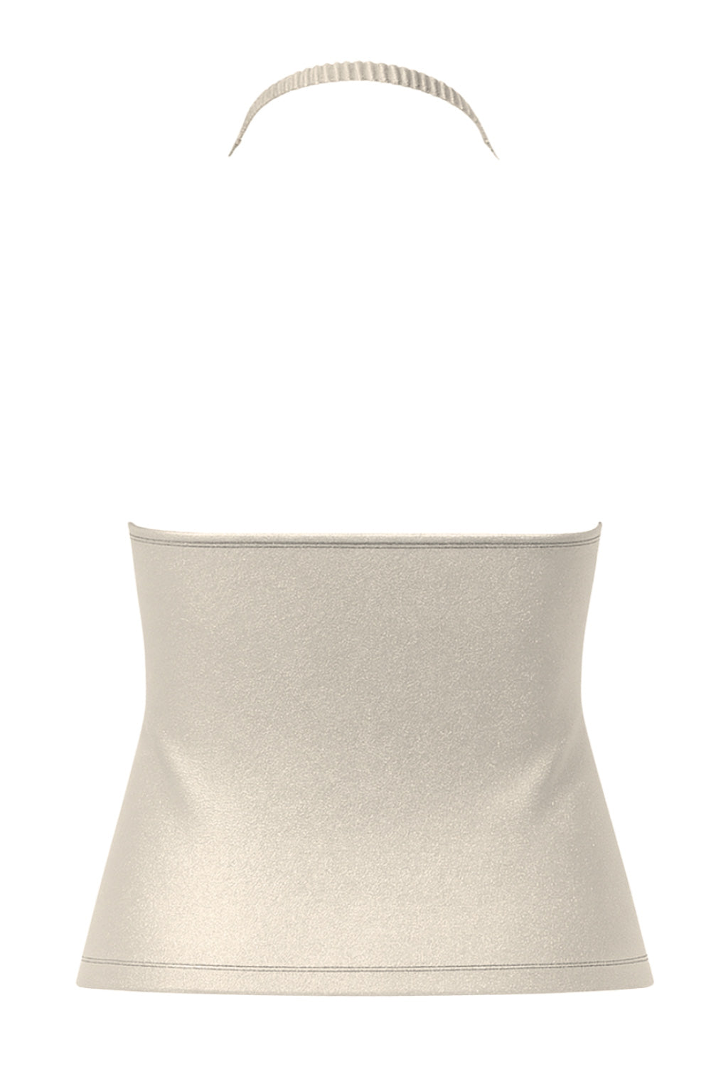 Top corto metálico de cuello halter fluido, sin mangas, fit ajustado y escote en espalda.