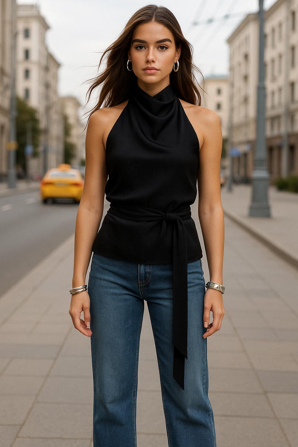 Top halter satinado, cierre de botones en el cuello, escote en espalda.