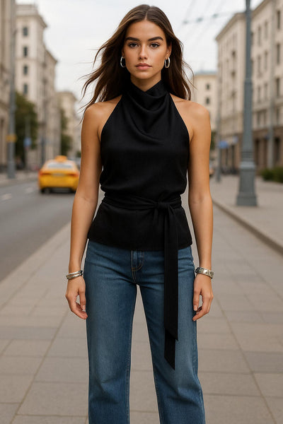 Top halter satinado, cierre de botones en el cuello, escote en espalda.