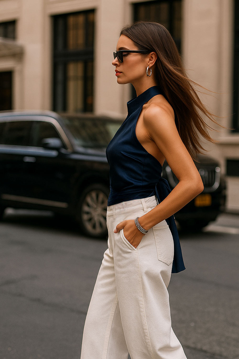 Top halter satinado, cierre de botones en el cuello, escote en espalda.