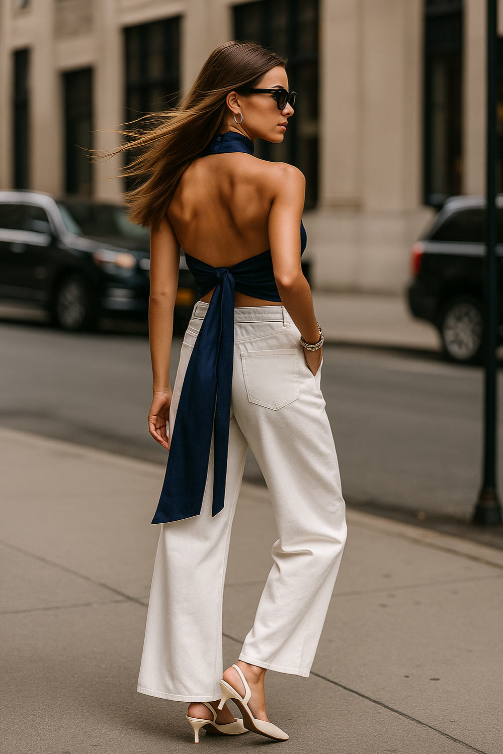 Top halter satinado, cierre de botones en el cuello, escote en espalda.