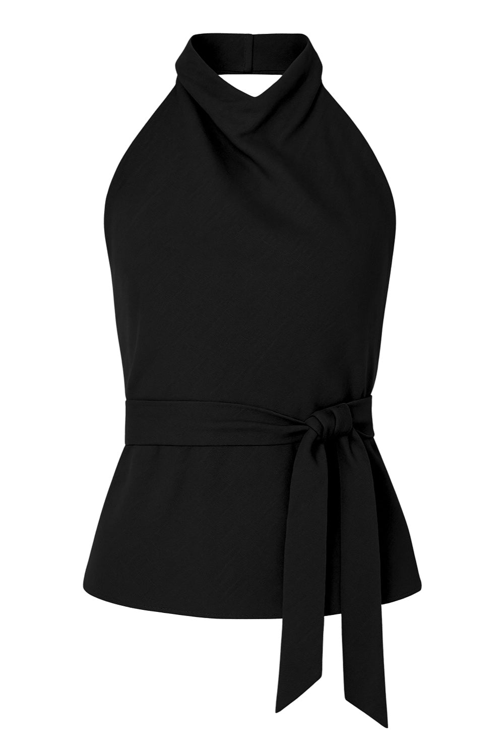 Top halter satinado, cierre de botones en el cuello, escote en espalda.