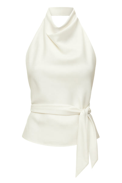 Top halter satinado, cierre de botones en el cuello, escote en espalda.