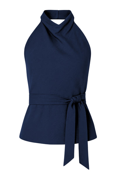 Top halter satinado, cierre de botones en el cuello, escote en espalda.