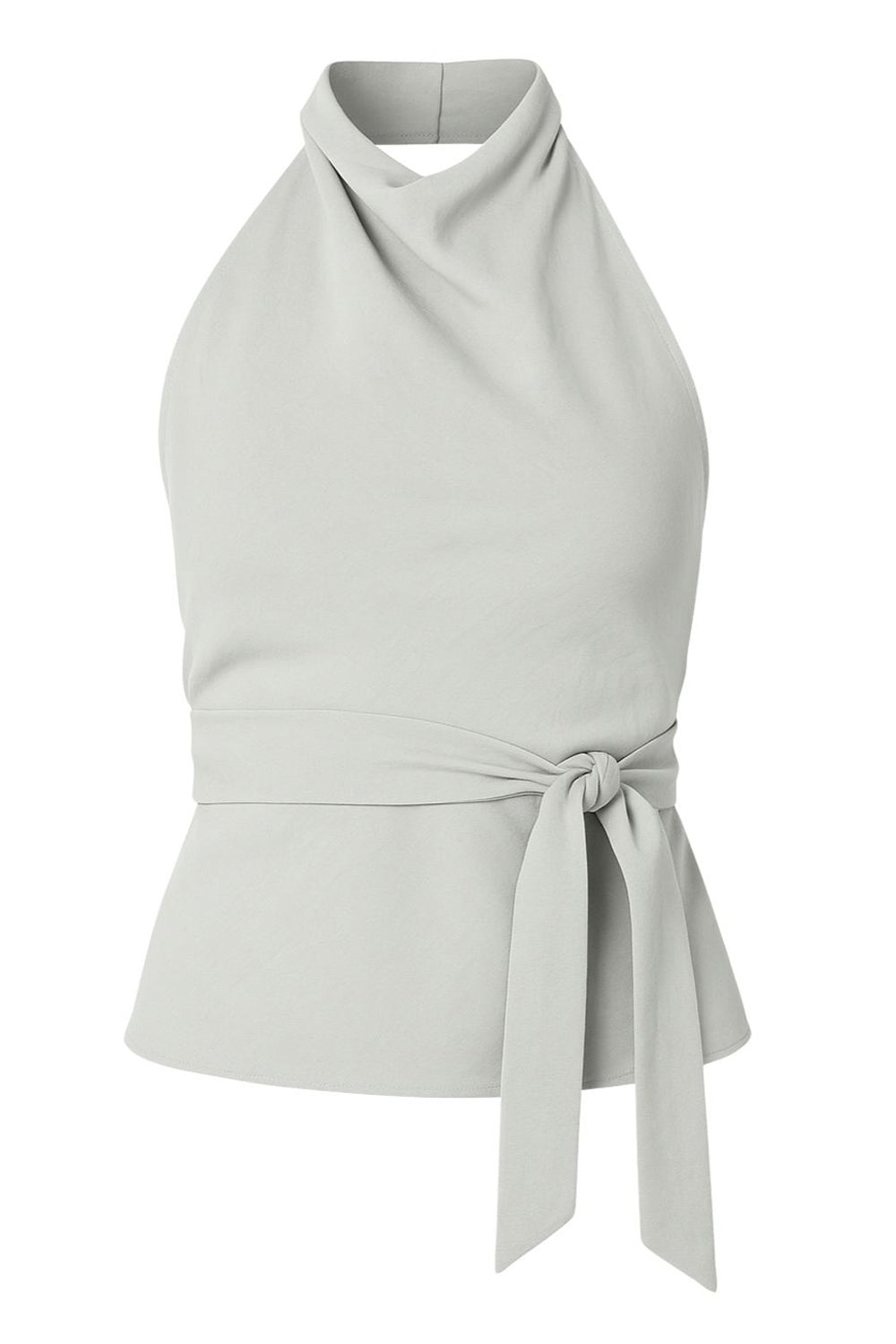 Top halter satinado, cierre de botones en el cuello, escote en espalda.