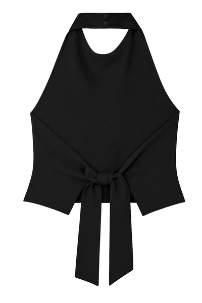 Top halter satinado, cierre de botones en el cuello, escote en espalda.