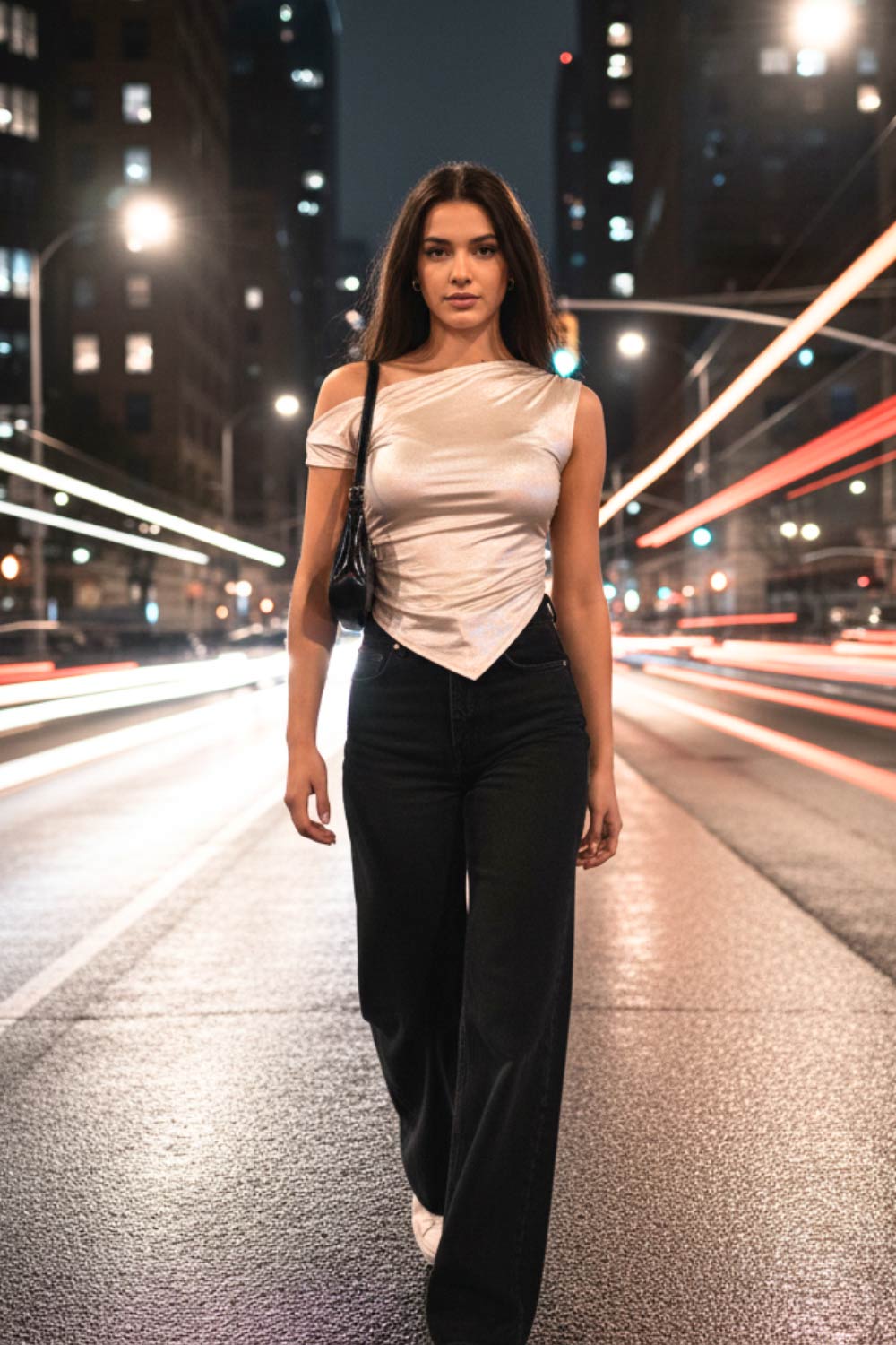 Top metálico asimétrico de fit ajustado, escote diagonal, una manga corta seguida con hombro descubierto, plisados en hombro y bajo frontal asimétrico. Detalle de plisados en costados.