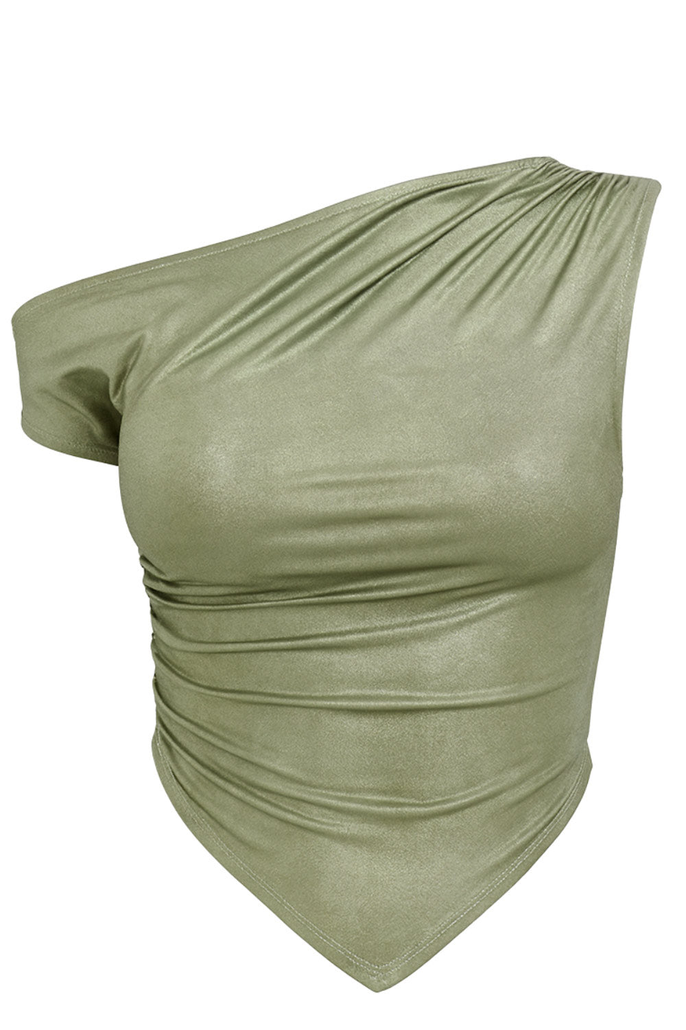 Top metálico asimétrico de fit ajustado, escote diagonal, una manga corta seguida con hombro descubierto, plisados en hombro y bajo frontal asimétrico. Detalle de plisados en costados.