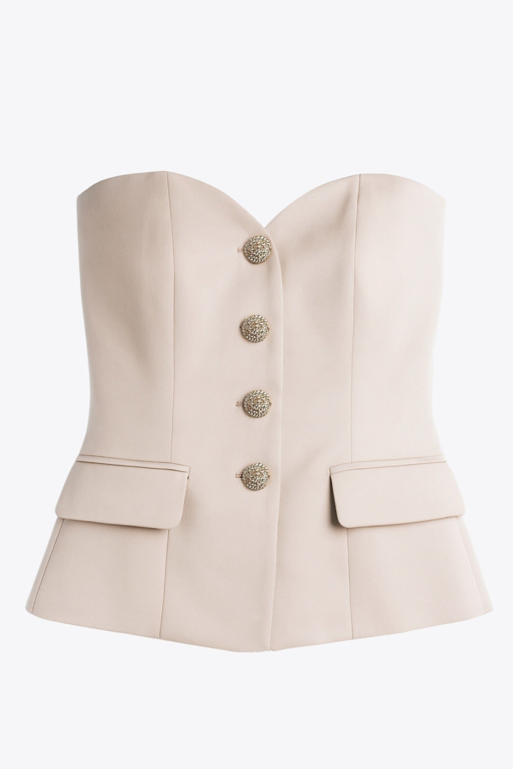 Top tubo de fit ajustado, strapless, escote corazón, bolsillos decorativos frontales con cartera y cierre frontal con hilera de botones en contraste.