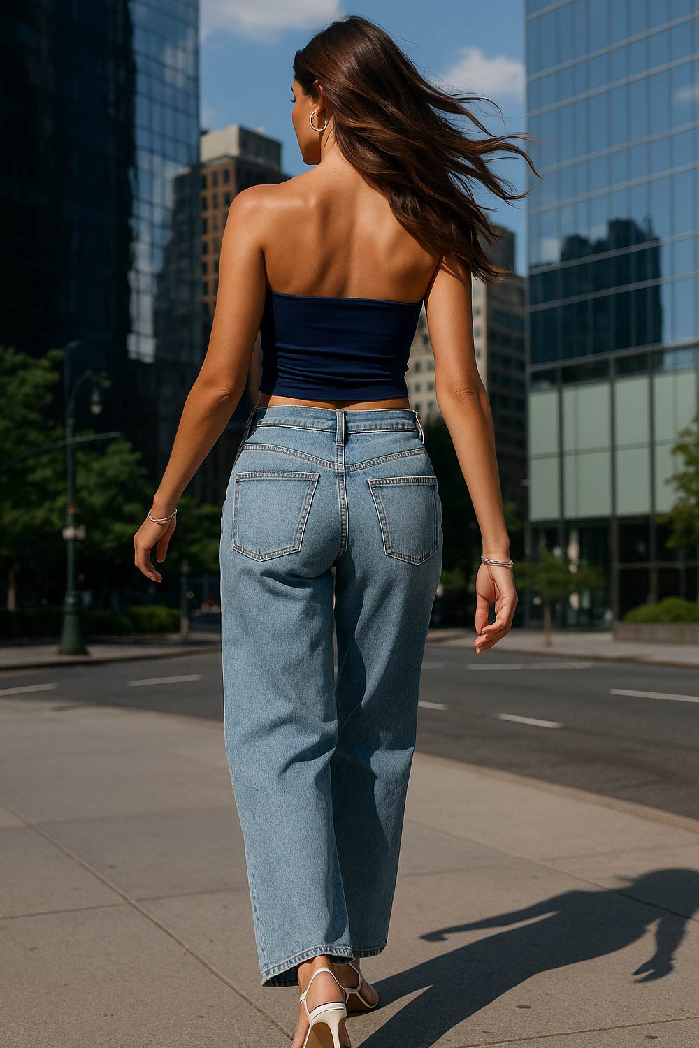 Top strapless satinado de escote corazón con nudo, plisados decorativos en costados y abertura frontal con bajo asimétrico. Rib rizado en borde de bajo.