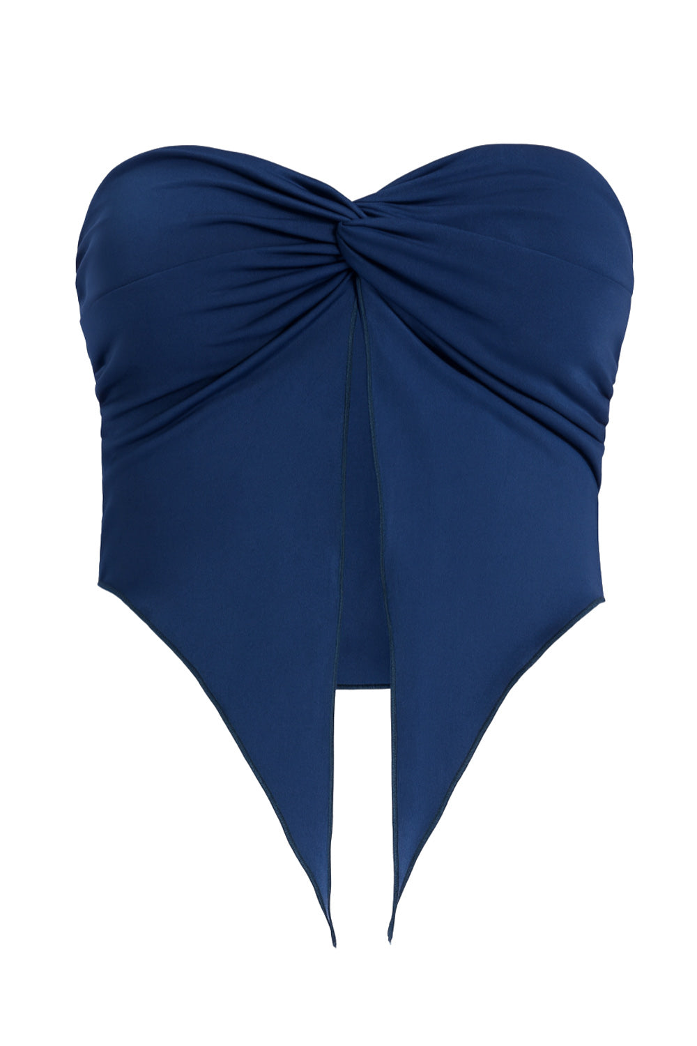 Top strapless satinado de escote corazón con nudo, plisados decorativos en costados y abertura frontal con bajo asimétrico. Rib rizado en borde de bajo.