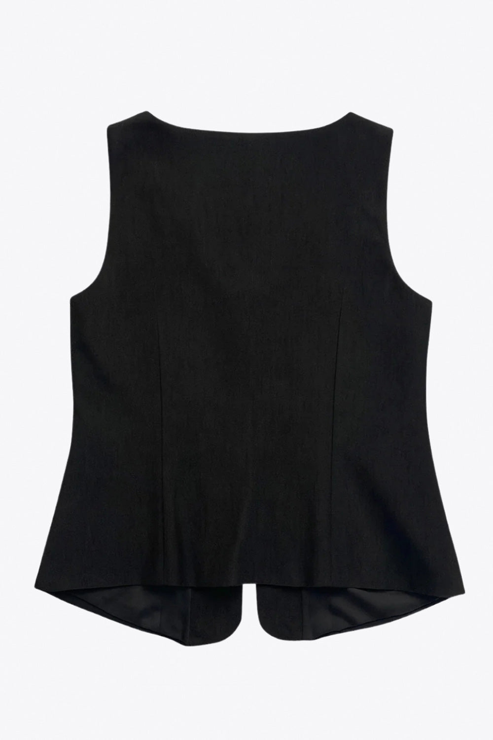 Top sin mangas de escote cuadrado, fit ajustado, pinzas con costuras decorativas y cierre frontal con cremallera visible en contraste.