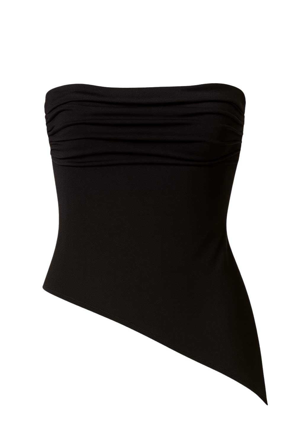 Top tubo de fit ajustado, escote recto con detalles plisados laterales y bajo diagonal asimétrico con rib en borde.