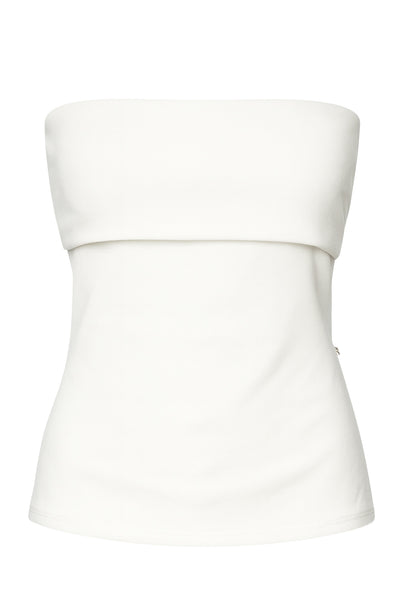 Top tubo de fit recto, strapless, escote recto con doblez decorativo en borde y detalle de abertura lateral en bajo con cremallera decorativa en contraste.