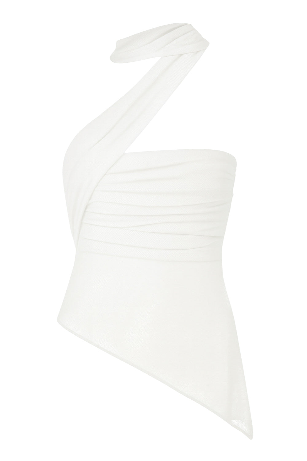 Top tubo de mesh, fit ajustado, escote recto con detalles plisados laterales y bajo diagonal asimétrico con rib rizado en borde. Detalle de choker cruzado.