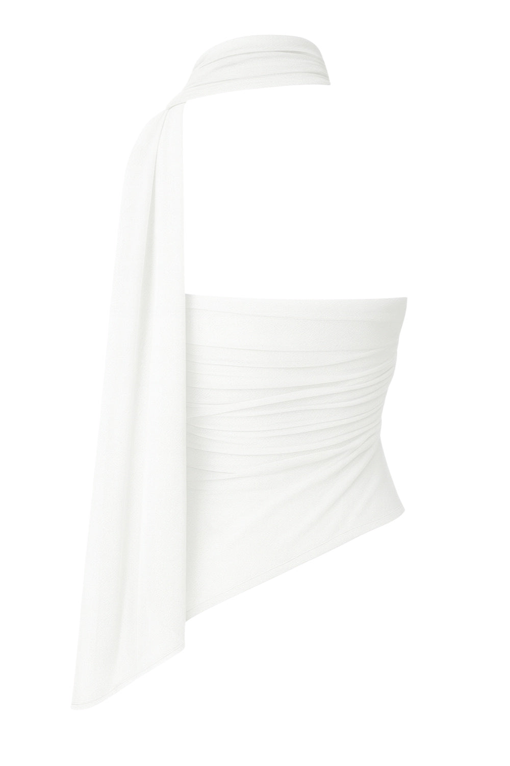 Top tubo de mesh, fit ajustado, escote recto con detalles plisados laterales y bajo diagonal asimétrico con rib rizado en borde. Detalle de choker cruzado.