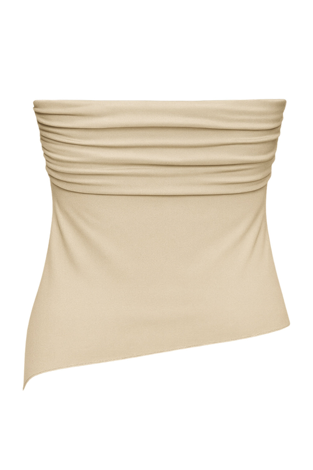 Top tubo de fit ajustado, escote recto con plisados decorativos laterales, bajo asimétrico frontal con rib rizado en borde, abertura y plisados con jareta frontal ajustable.