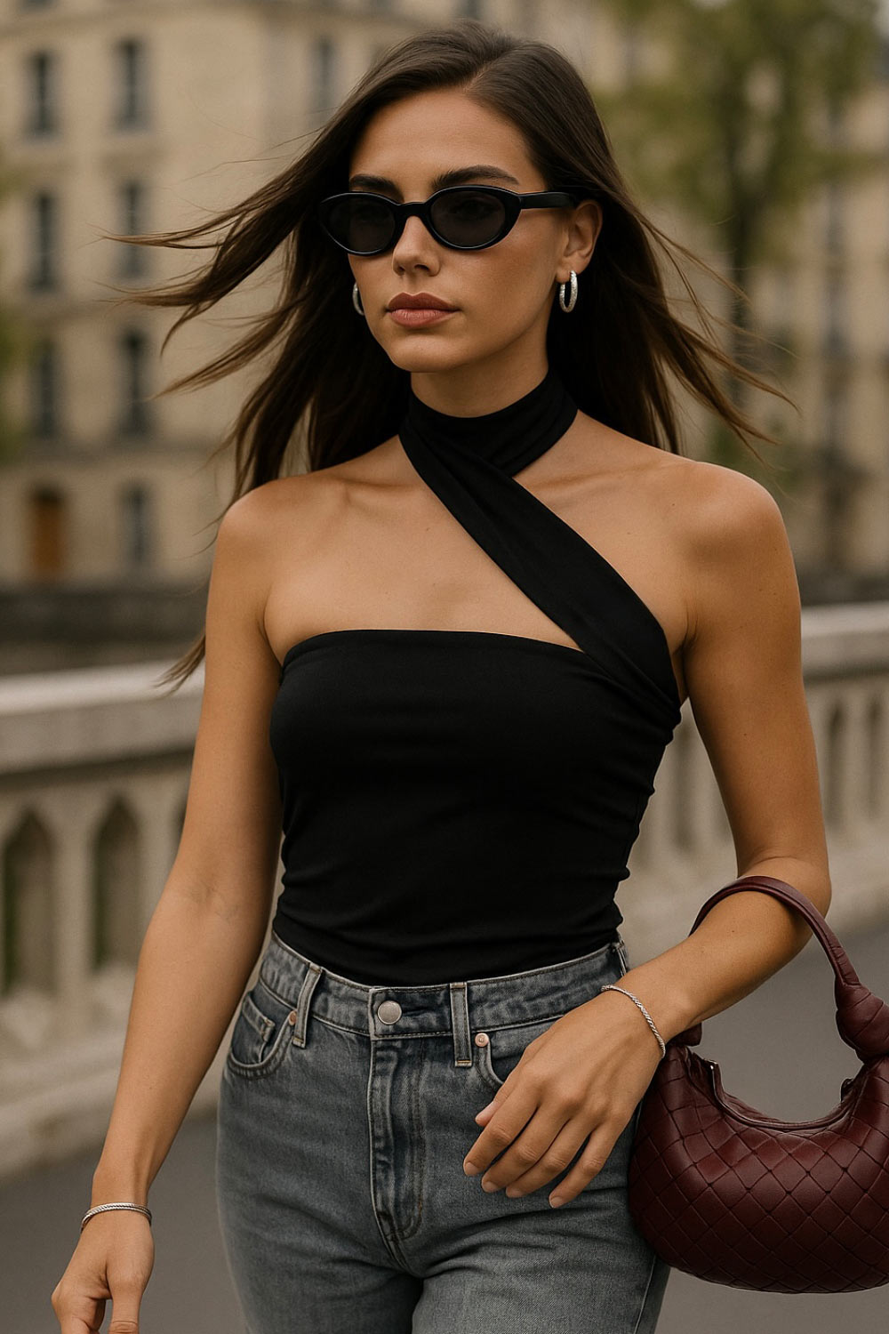 Top tubo de fit ajustado, escote recto, plisados en costados y detalle lateral de choker cruzado.